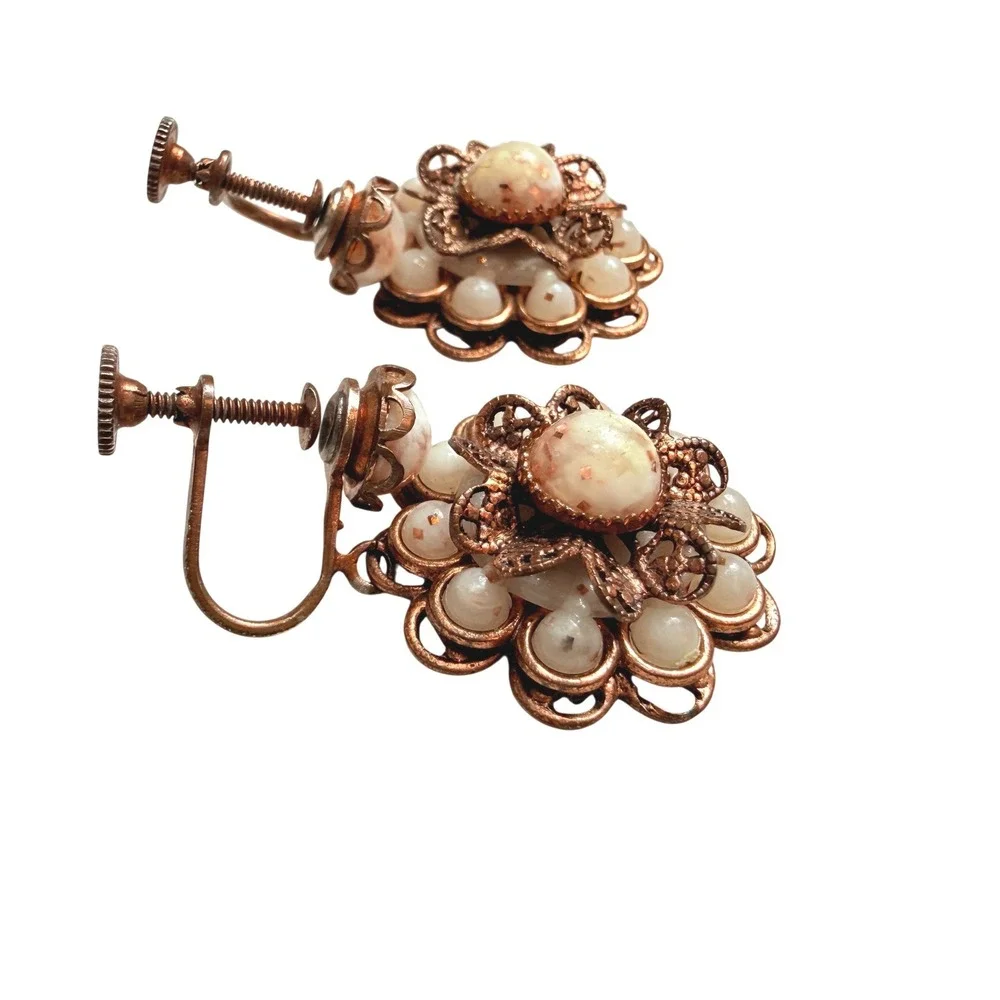 Vintage Copper Filigree Screw Back‎ Earrings Floral White Speckled Cabochon